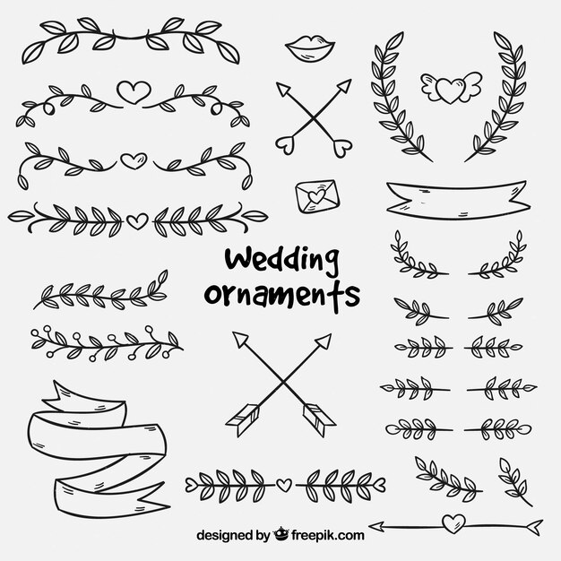 Colección de adornos de boda dibujados a mano.