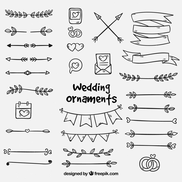 Colección de adornos de boda dibujados a mano.