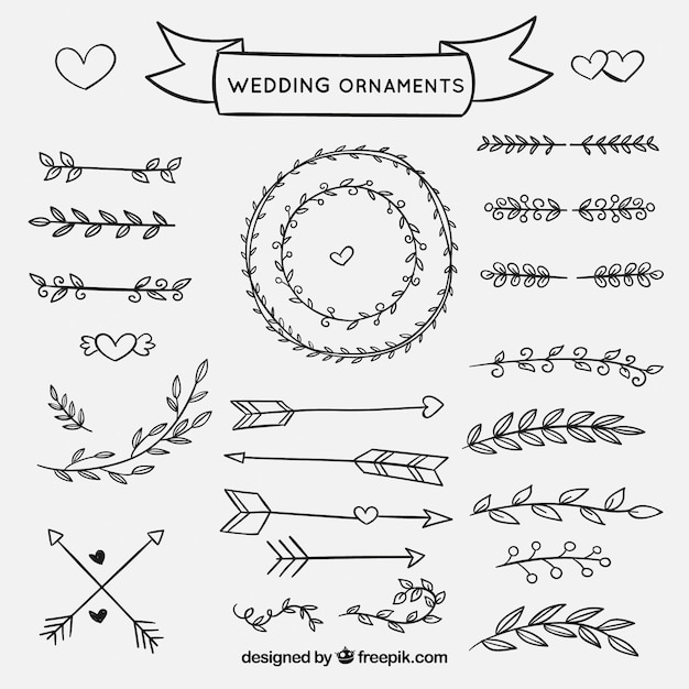Colección de adornos de boda dibujados a mano