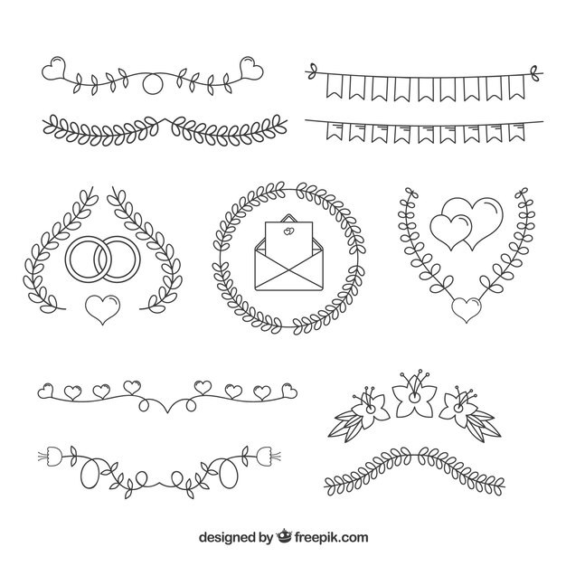 Colección de adornos de boda dibujados a mano