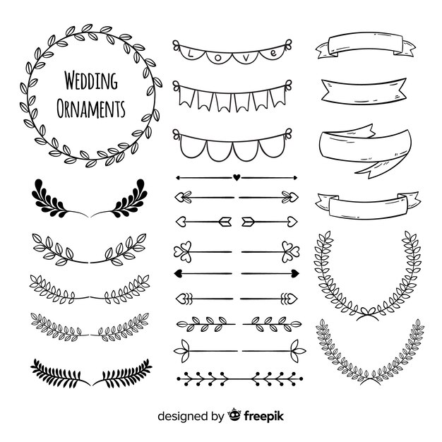 Colección adornos de boda dibujados a mano