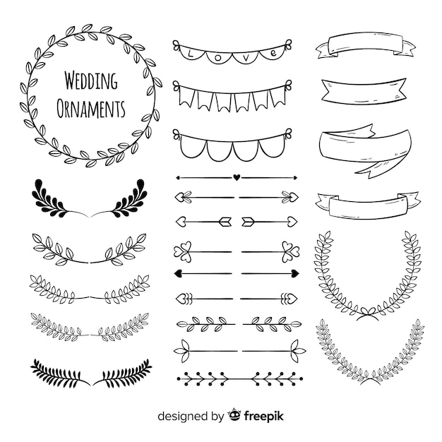 Colección de adornos de boda dibujados a mano