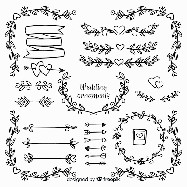 Colección de adornos de boda dibujados a mano