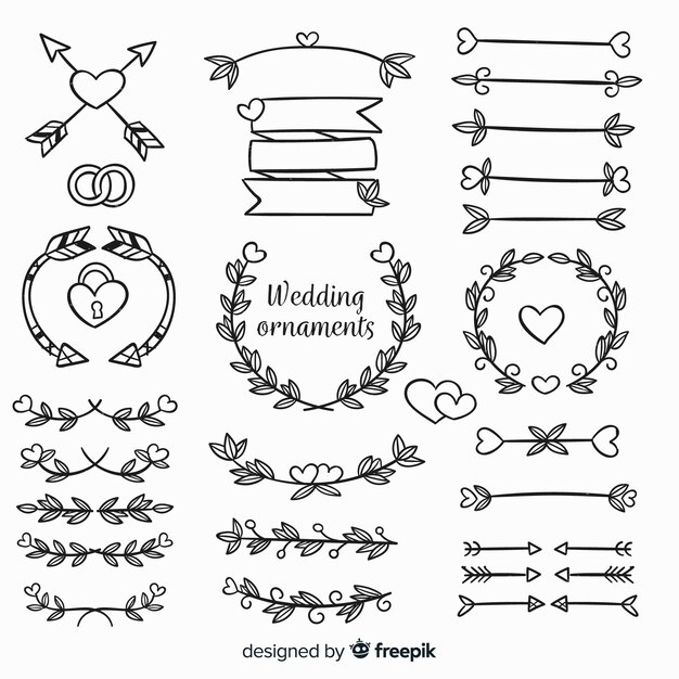 Colección de adornos de boda dibujados a mano