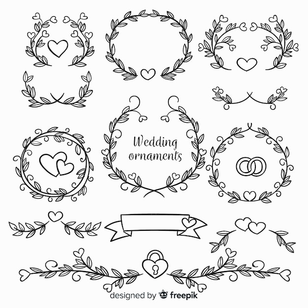 Colección de adornos de boda dibujados a mano