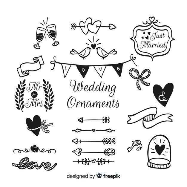 Colección de adornos de boda dibujados a mano