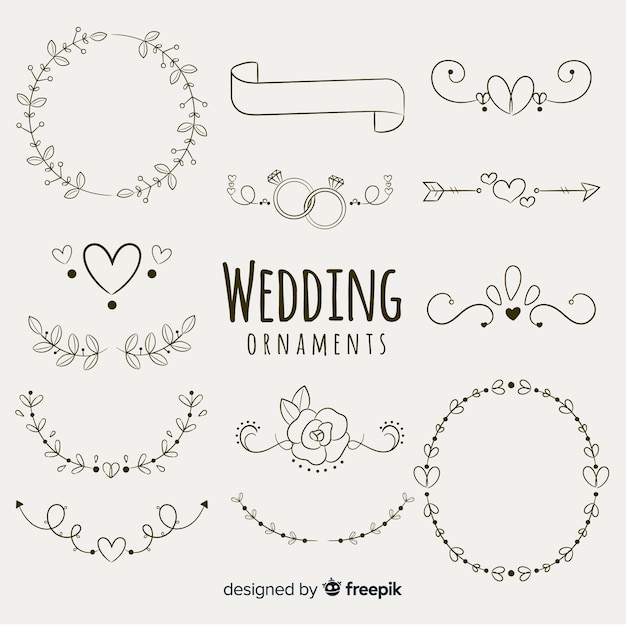 Colección de adornos de boda dibujados a mano