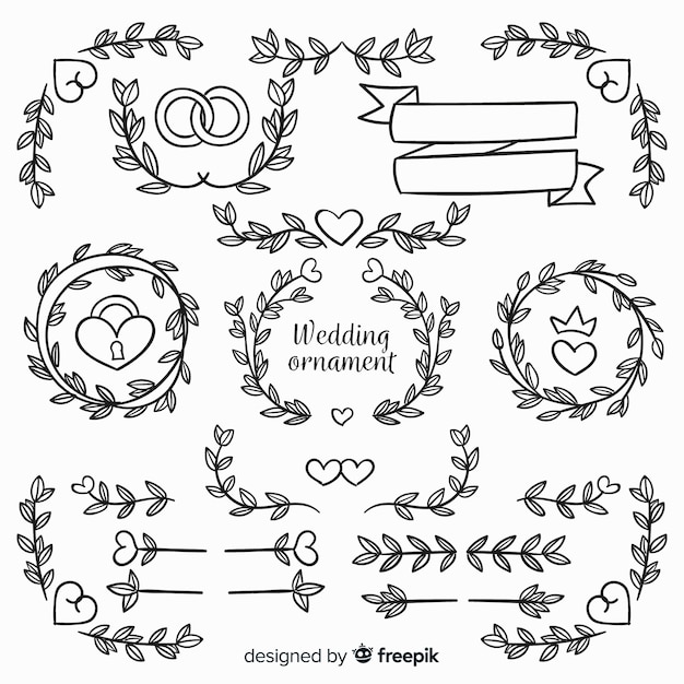 Colección de adornos de boda dibujados a mano