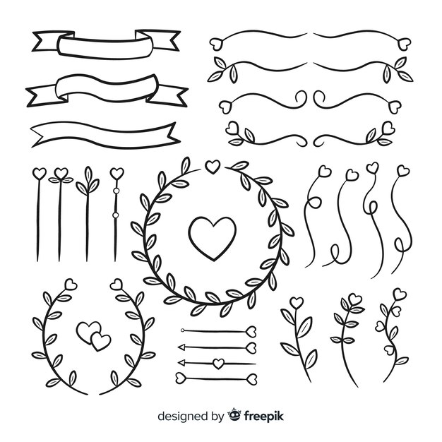 Colección de adornos de boda dibujados a mano