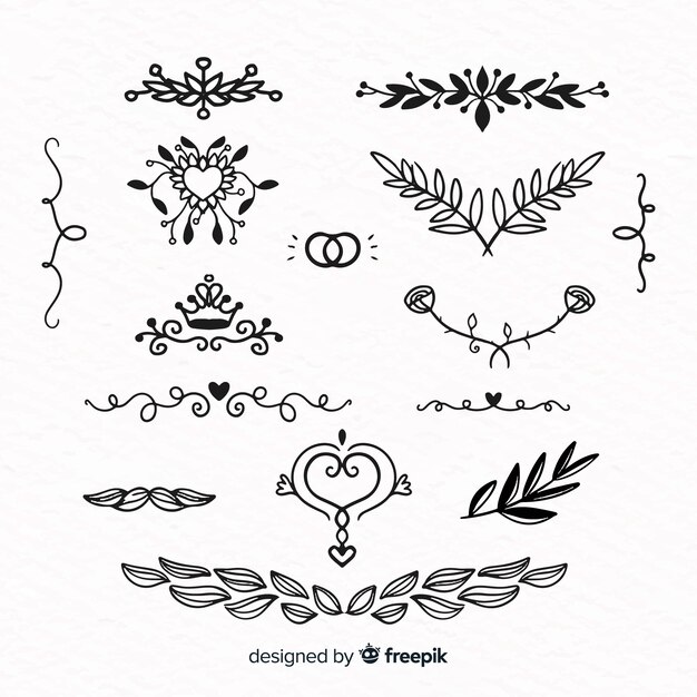 Colección de adornos de boda dibujados a mano