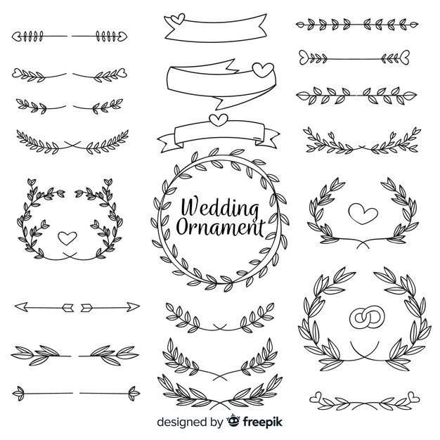 Colección de adornos de boda dibujados a mano