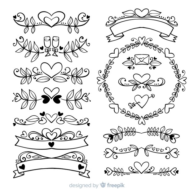 Colección de adornos de boda dibujados a mano