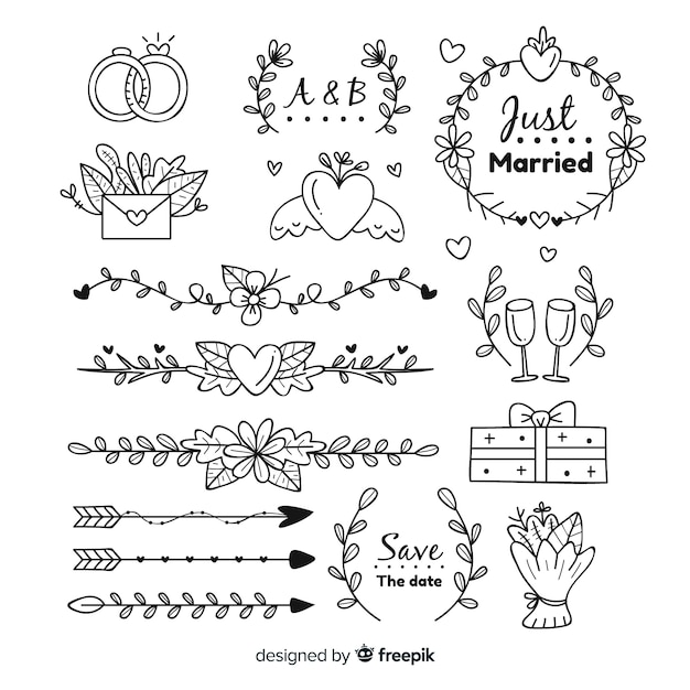 Colección de adornos de boda dibujados a mano