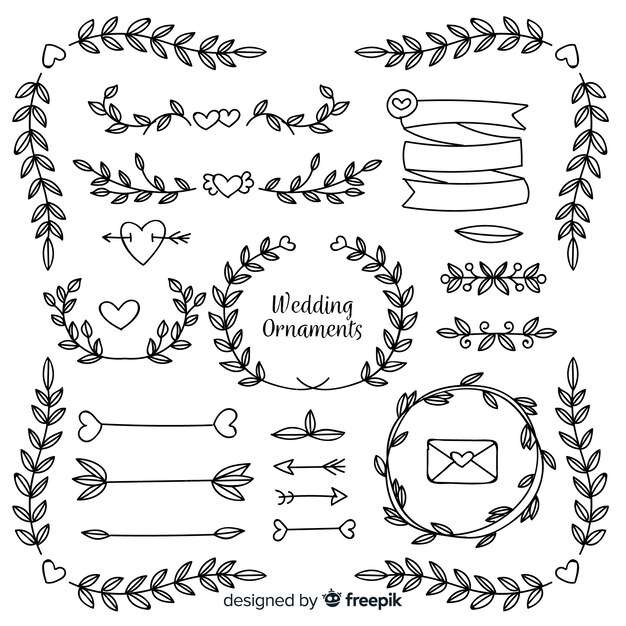 Colección de adornos de boda dibujados a mano