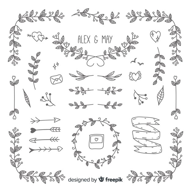 Colección de adornos de boda dibujados a mano