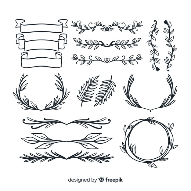 Colección de adornos de boda dibujados a mano