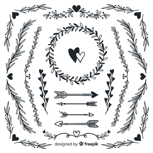Colección de adornos de boda dibujados a mano
