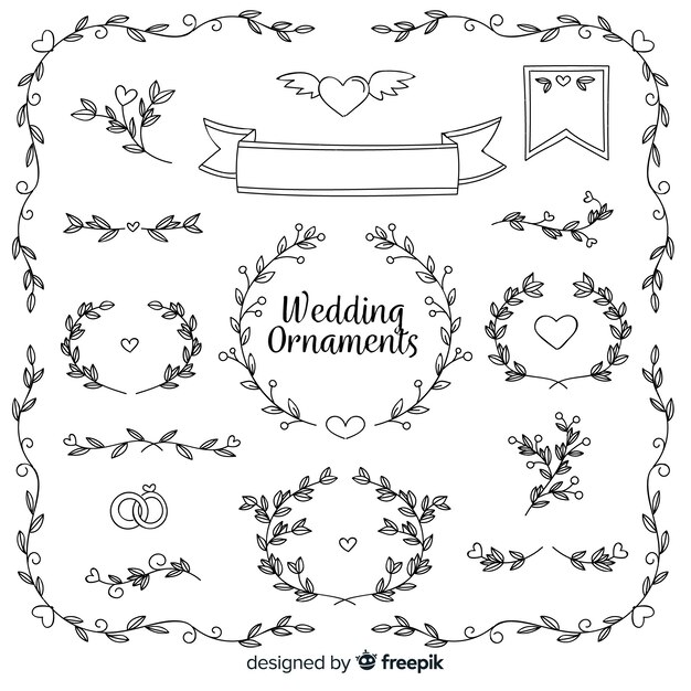 Colección de adornos de boda dibujados a mano