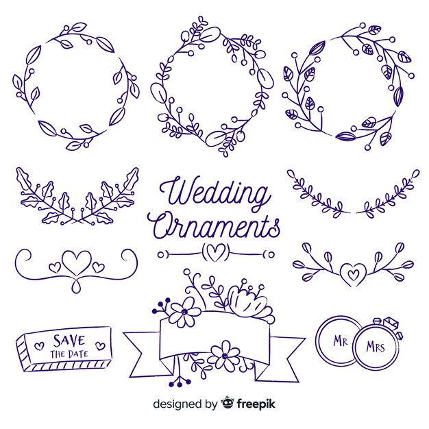 Colección de adornos de boda dibujados a mano