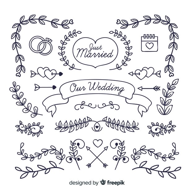 Colección de adornos de boda dibujados a mano