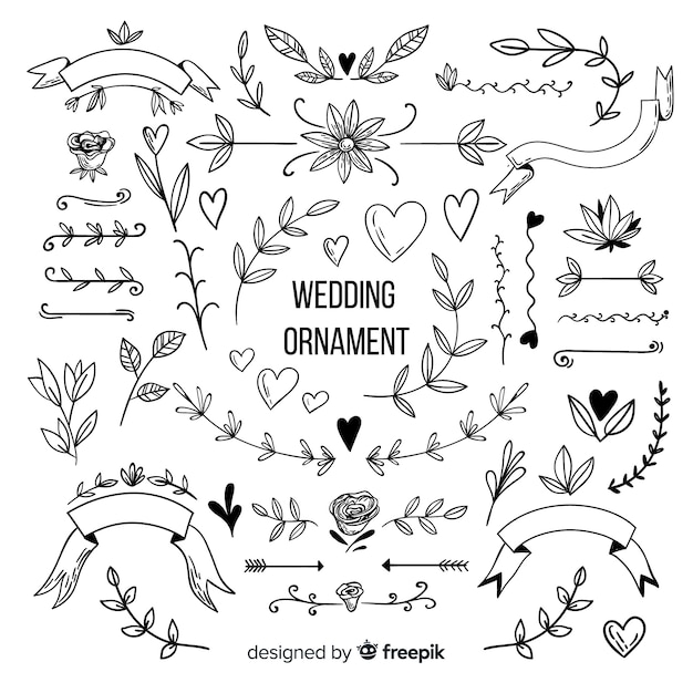 Colección de adornos de boda dibujados a mano