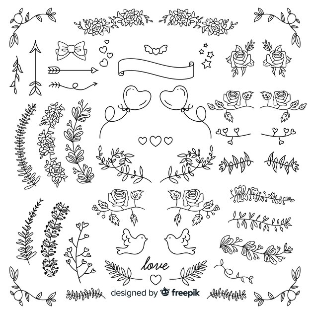Colección de adornos de boda dibujados a mano