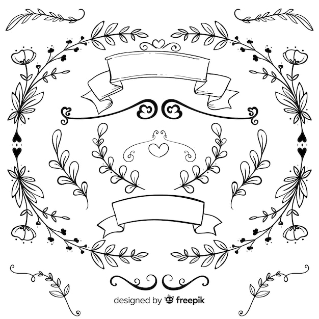 Colección de adornos de boda dibujados a mano