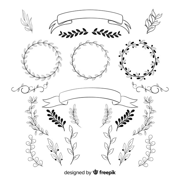 Colección de adornos de boda dibujados a mano