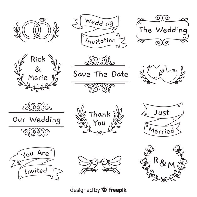 Colección de adornos de boda dibujados a mano
