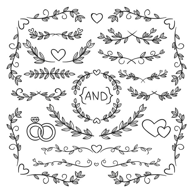 Colección de adornos de boda dibujados a mano