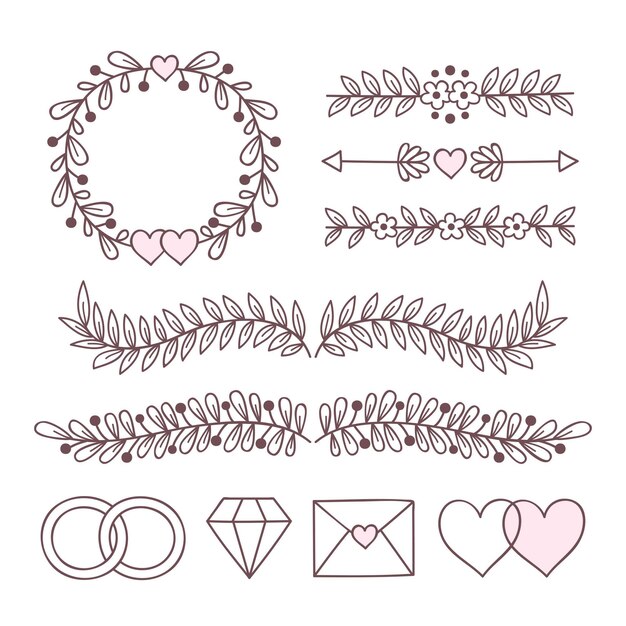 Colección de adornos de boda dibujados a mano