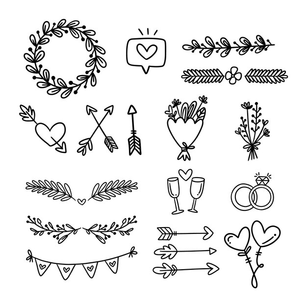 Colección de adornos de boda dibujados a mano