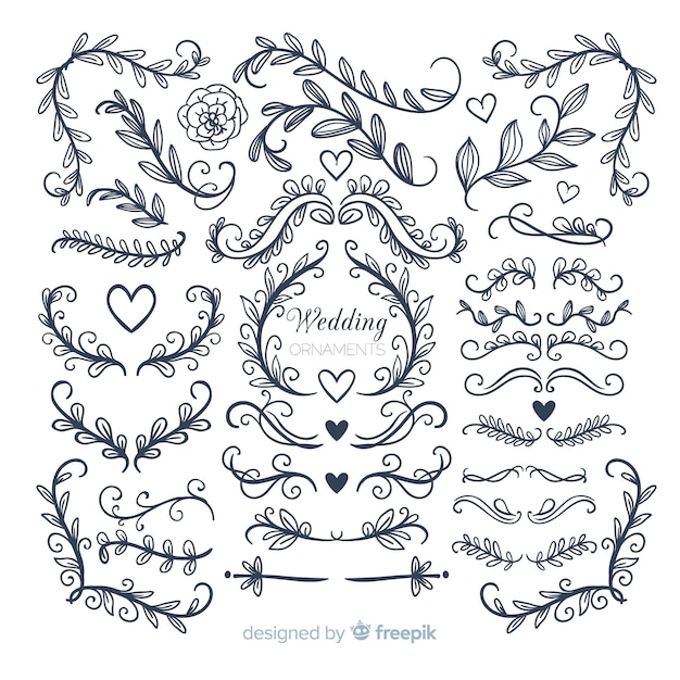 Colección de adornos de boda dibujados a mano