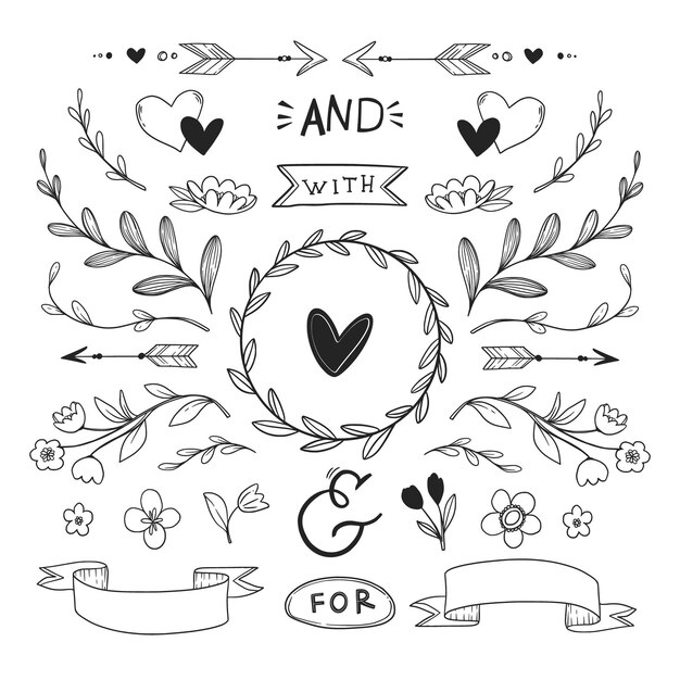 Colección de adornos de boda dibujados a mano