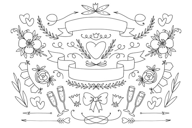 Colección de adornos de boda dibujados a mano