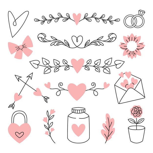 Colección de adornos de boda dibujados a mano