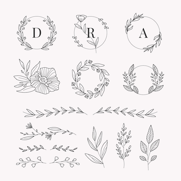Colección de adornos de boda dibujados a mano