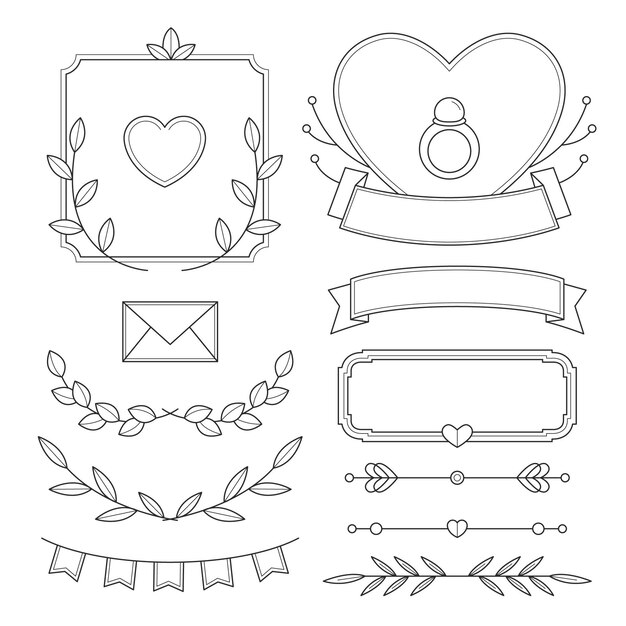 Colección de adornos de boda planos lineales