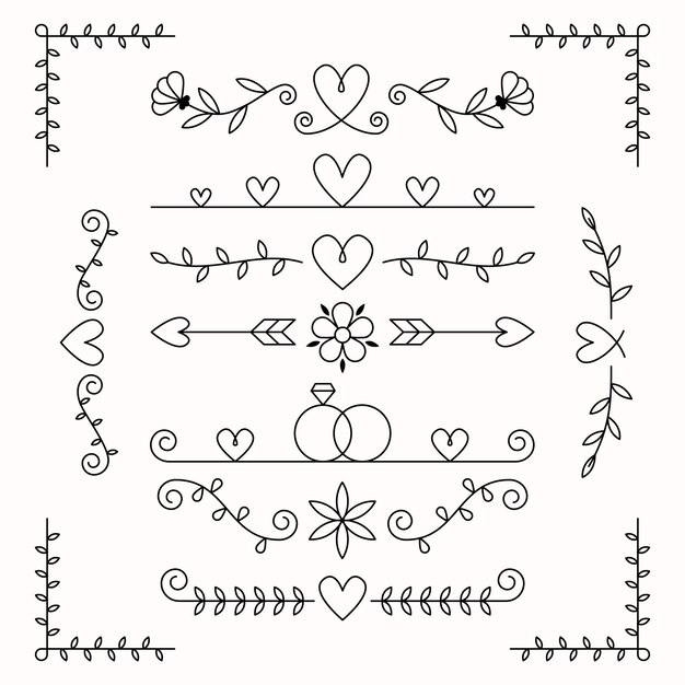Colección de adornos de boda planos lineales