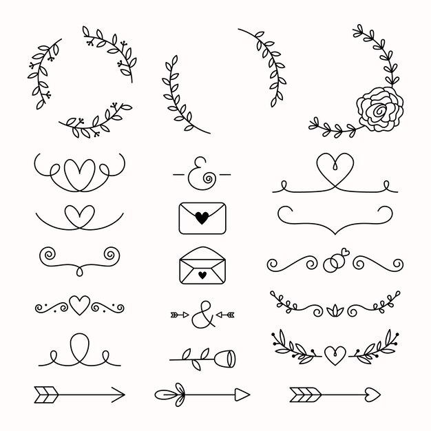 Colección de adornos de boda planos lineales