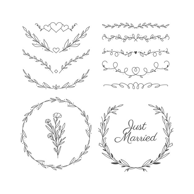 Colección de adornos de boda planos lineales