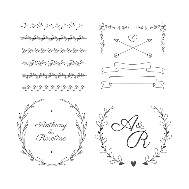 Vector gratuito colección de adornos de boda planos lineales