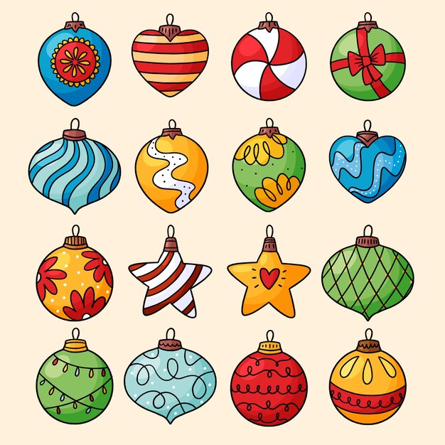 Colección de adornos de bolas de navidad dibujadas a mano