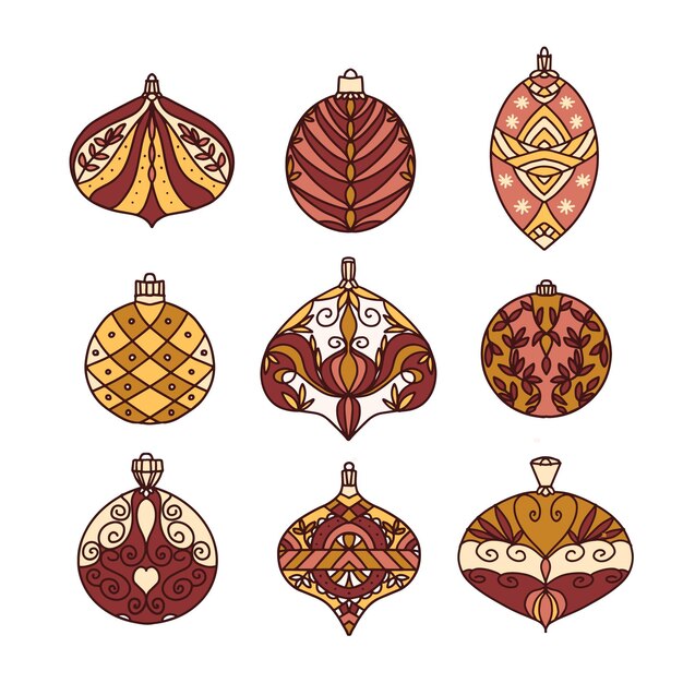 Colección de adornos de bolas de navidad dibujadas a mano