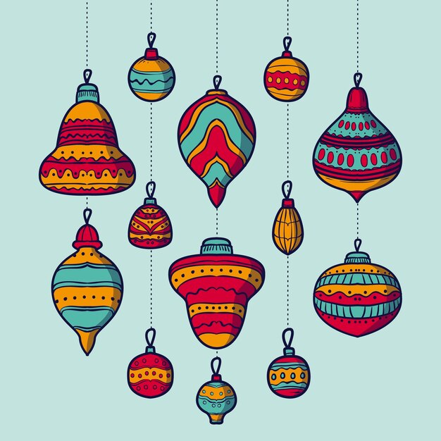 Colección de adornos de bolas de navidad dibujadas a mano