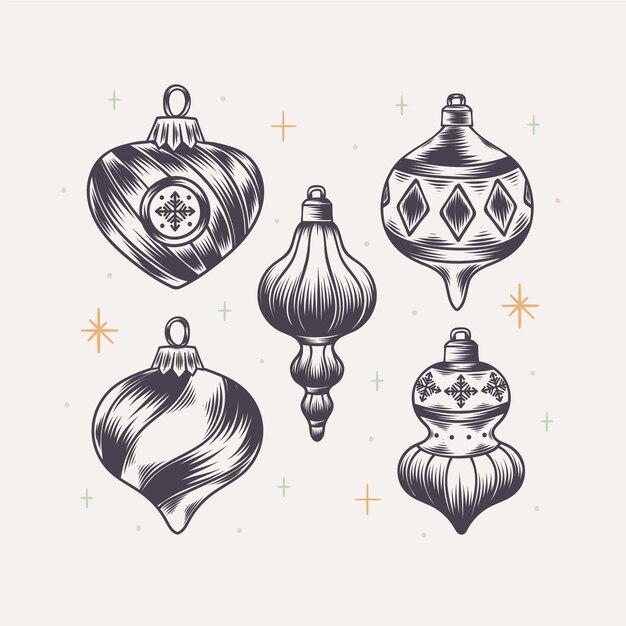 Colección de adornos de bolas de navidad dibujadas a mano