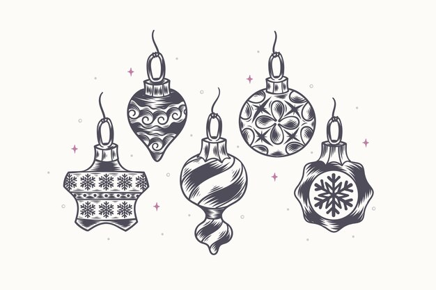 Colección de adornos de bolas de navidad dibujadas a mano