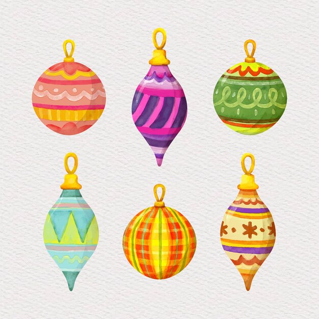 Colección de adornos de bolas navideñas en acuarela