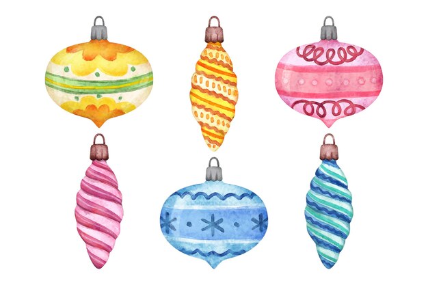 Colección de adornos de bolas navideñas en acuarela