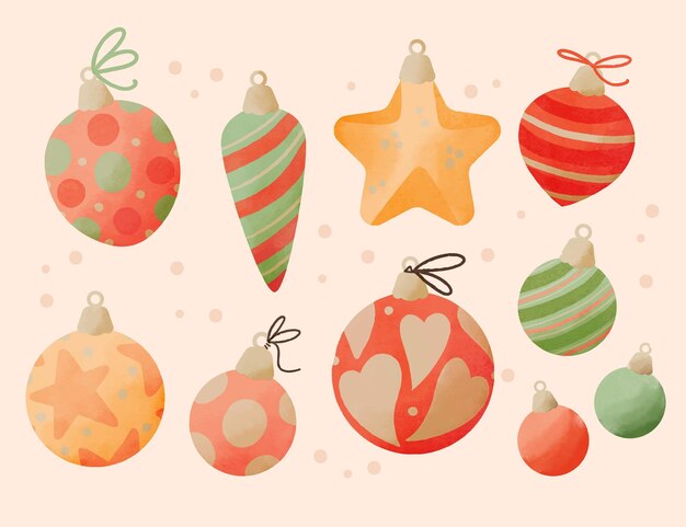 Colección de adornos de bolas navideñas en acuarela